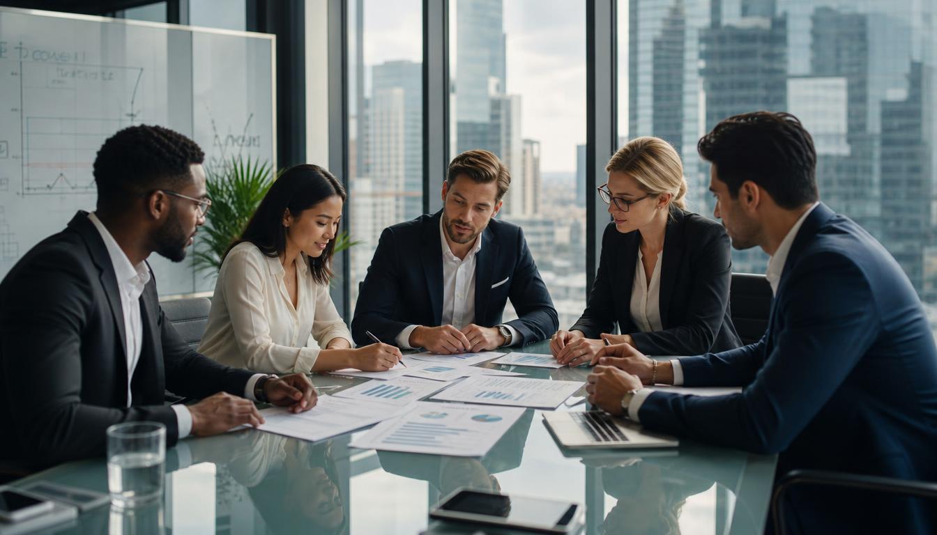 Diverse professionals collaborating around a boardroom table reviewing financial documents and charts