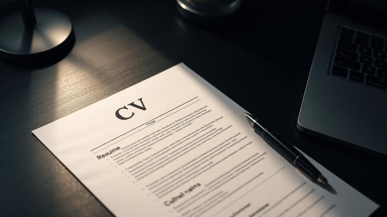 Printed one-page CV on a dark desk beside a pen and laptop