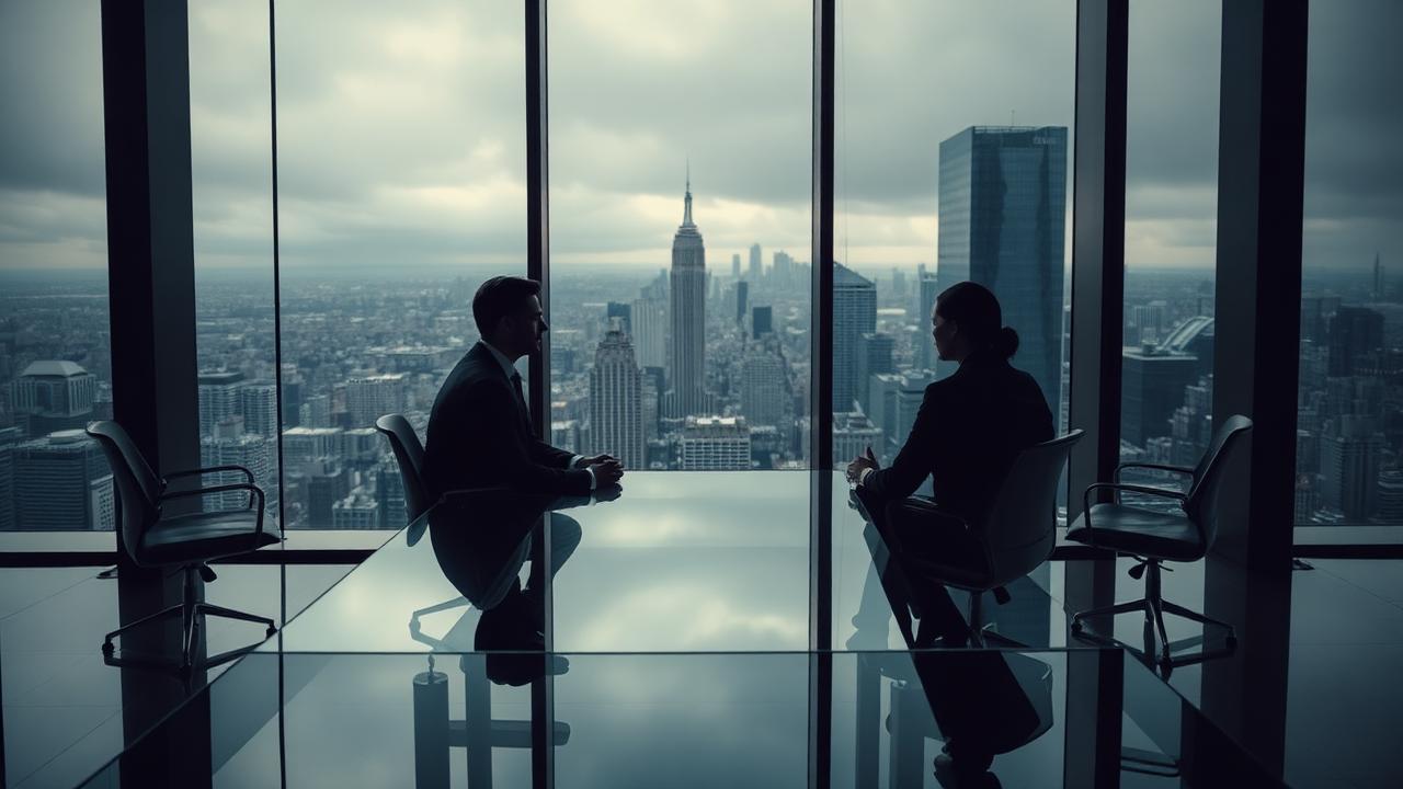 Candidate in a final round interview with two bankers in a high-rise meeting room