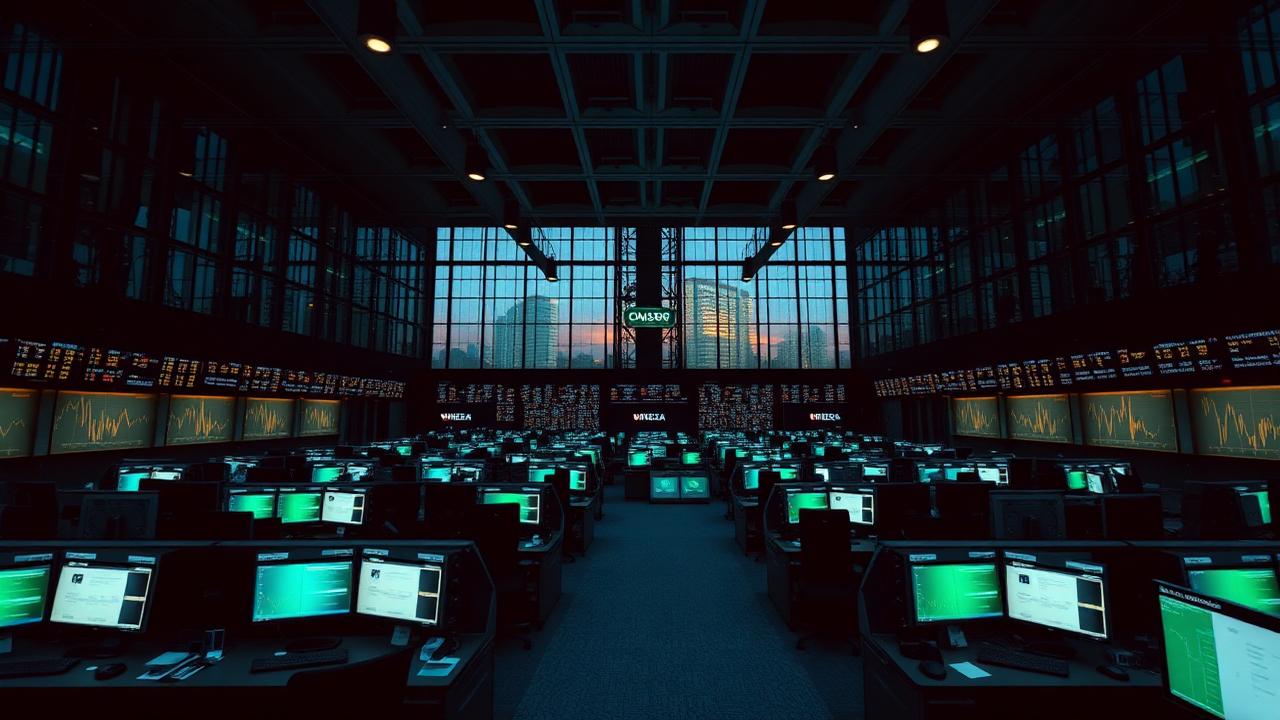 Investment bank trading floor at dusk