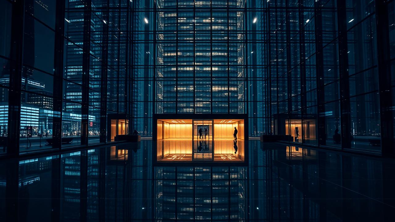 Glass corporate skyscraper lobby at night