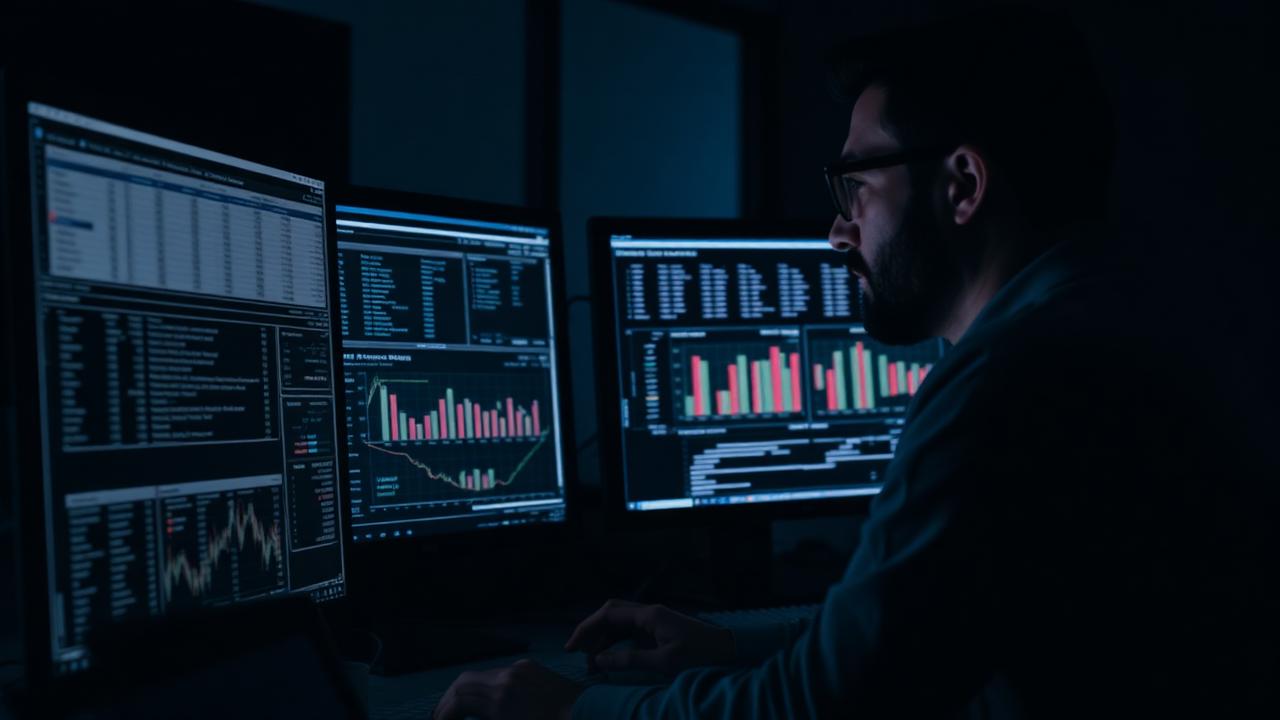 Analyst reviewing a financial model on dual monitors