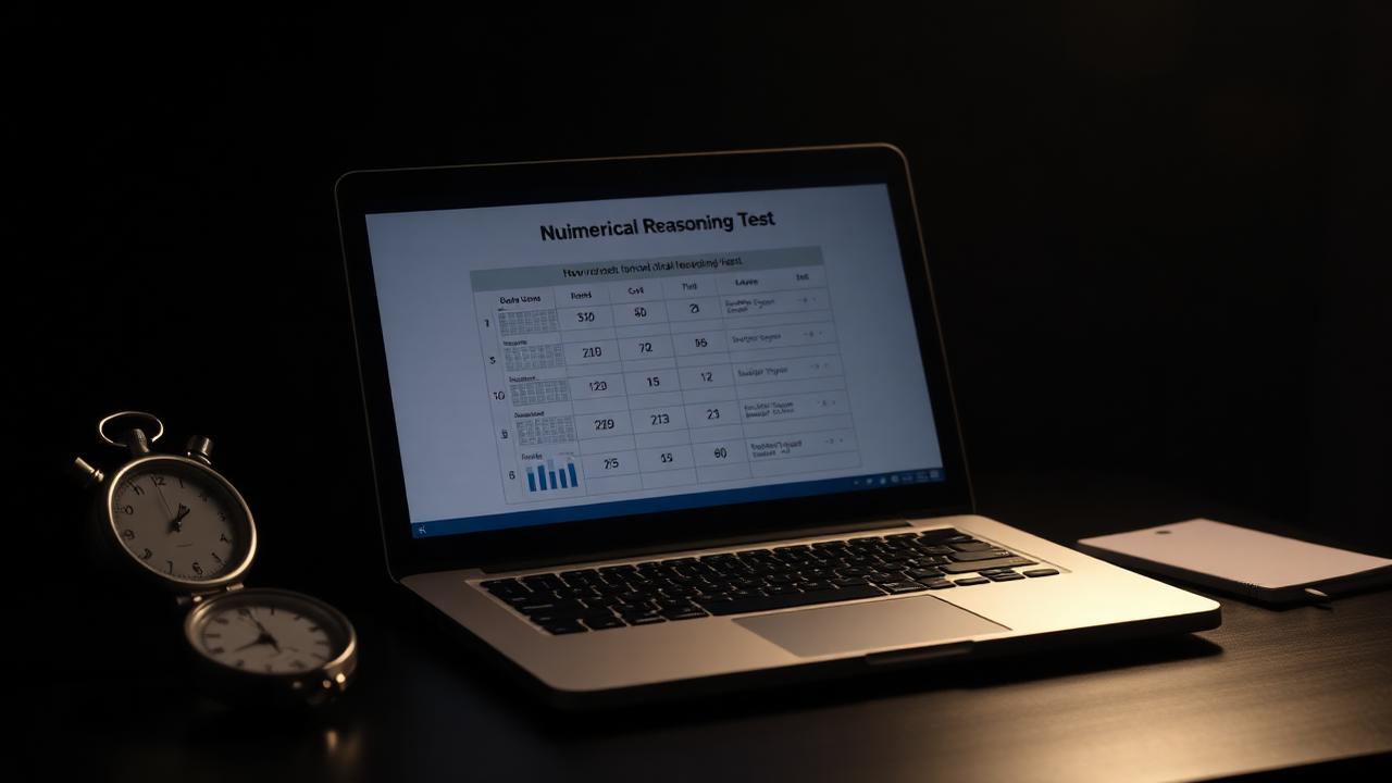 Numerical reasoning test on a laptop beside a stopwatch